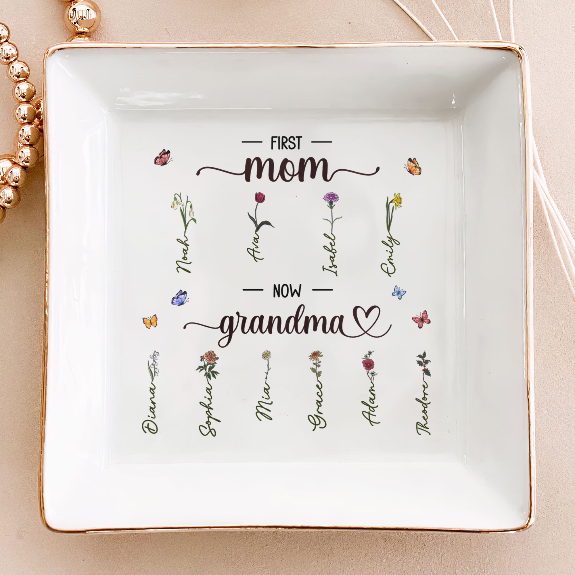 First Mom Now Grandma Birth Flowers – Personalized Jewelry Dish