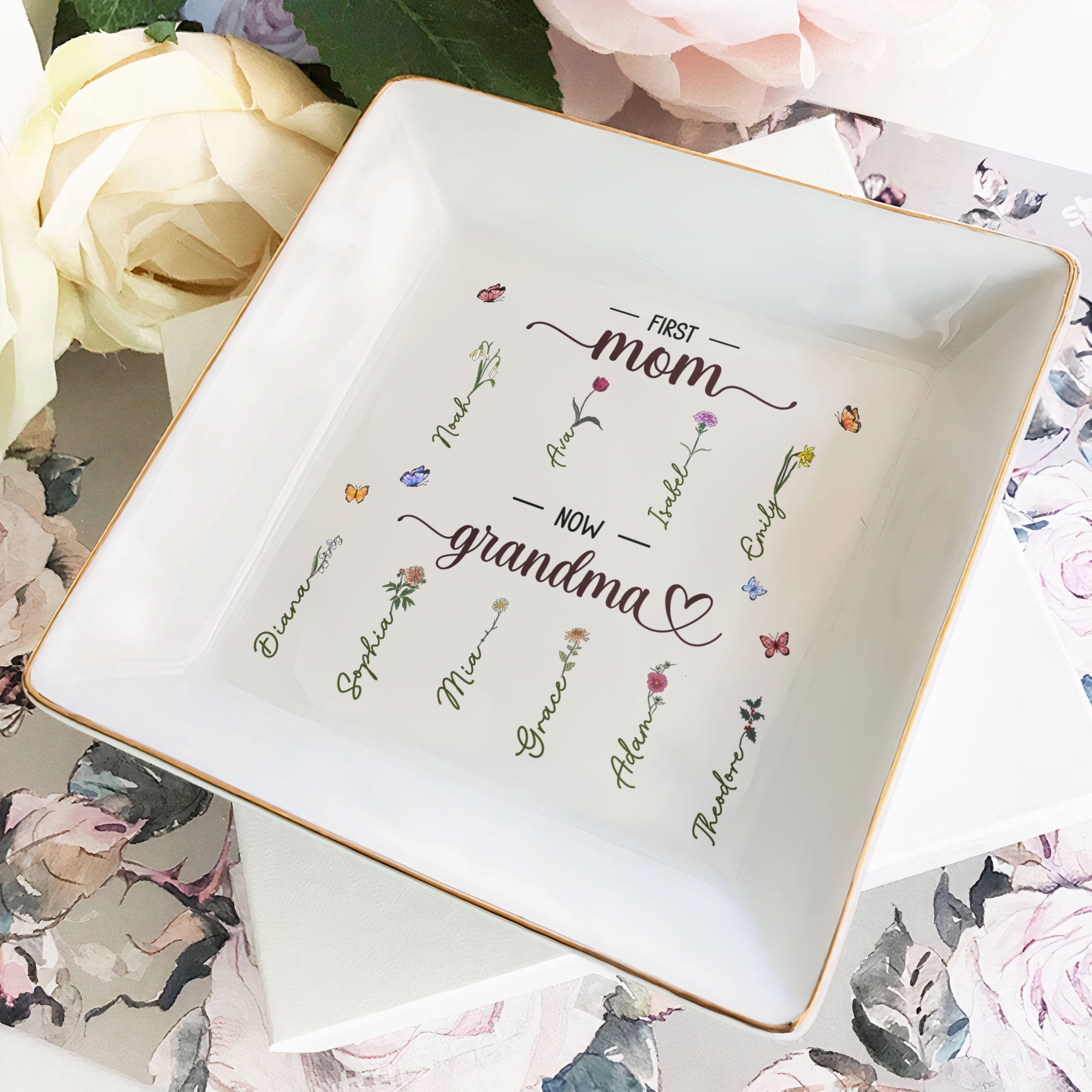 First Mom Now Grandma Birth Flowers – Personalized Jewelry Dish