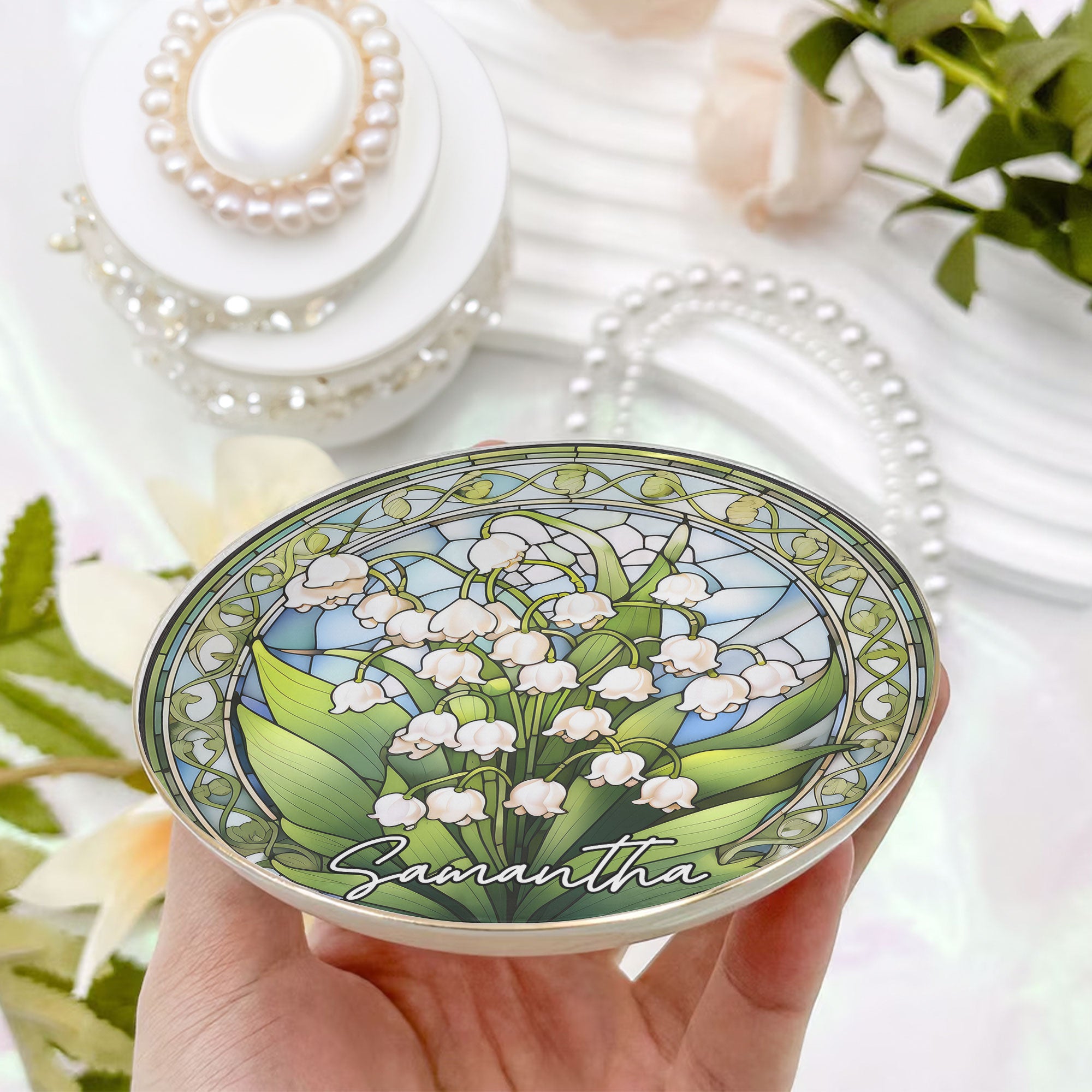 Stained Glass Style Custom Birth Month Flowers – Personalized Jewelry Dish